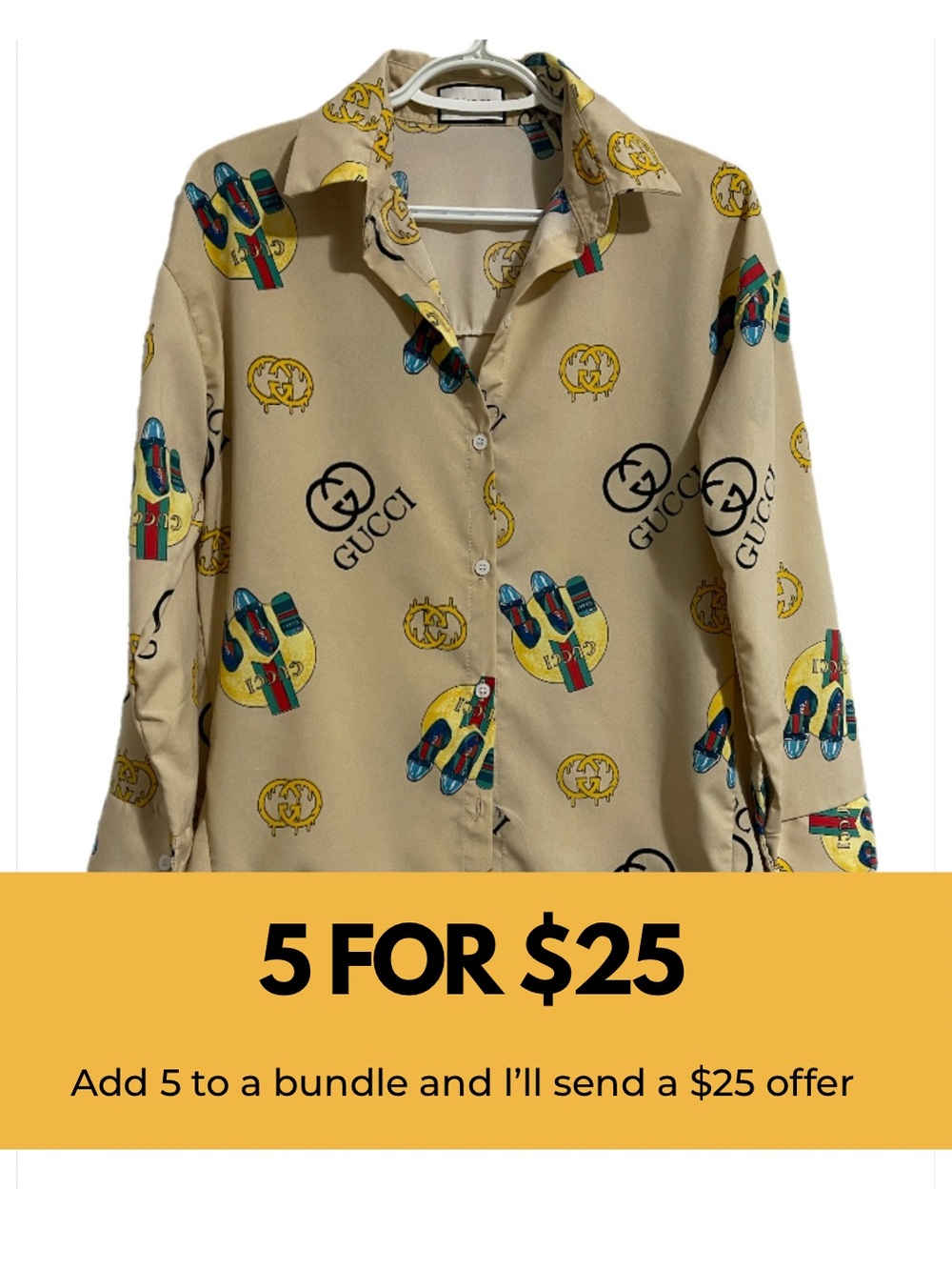 Gucci Dupe Beige Logo Print Long-Sleeve Shirt